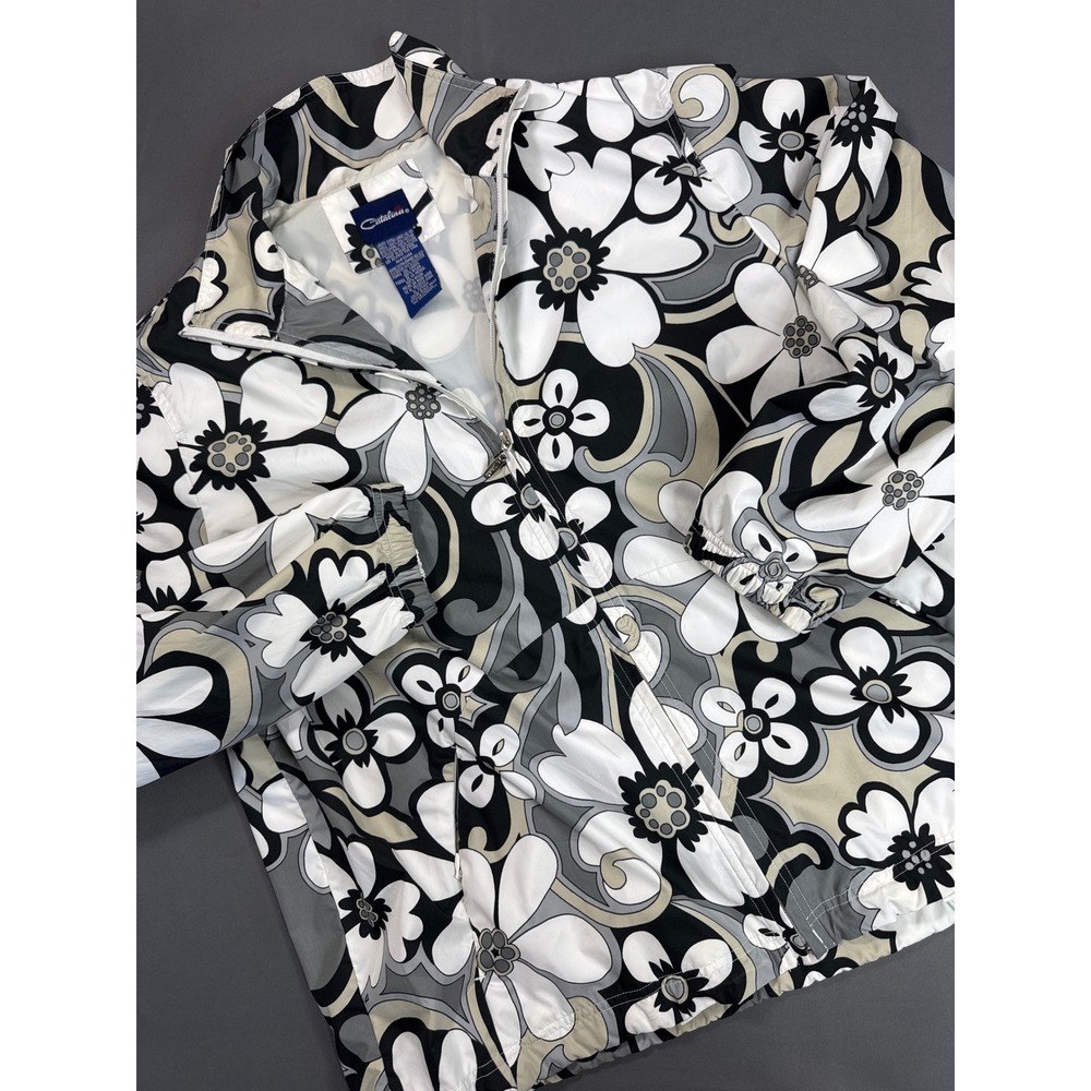 Catalina 90s Women's XL Floral Zip Jacket Windbreaker Black White